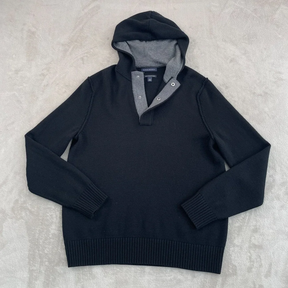 Banana Republic Hooded Henley Sweater Men Large Black Italian Wool Casual NWOT‎